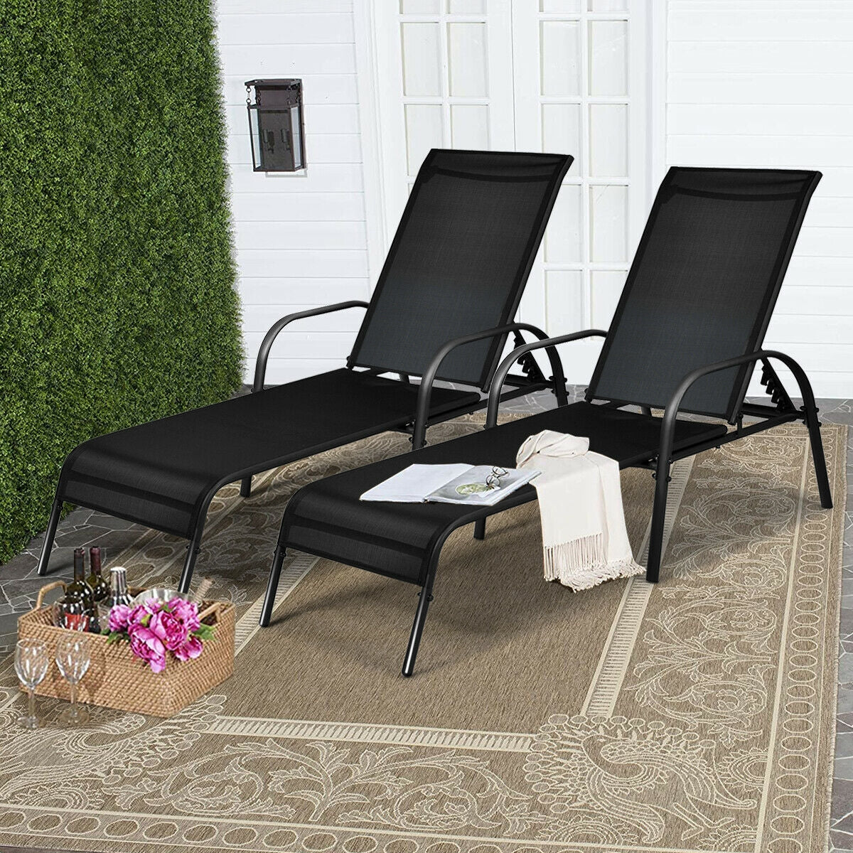 2 Pieces Outdoor Patio Lounge Chair Chaise Fabric with Adjustable Reclining Armrest, Black Outdoor Chaise Lounges at Gallery Canada
