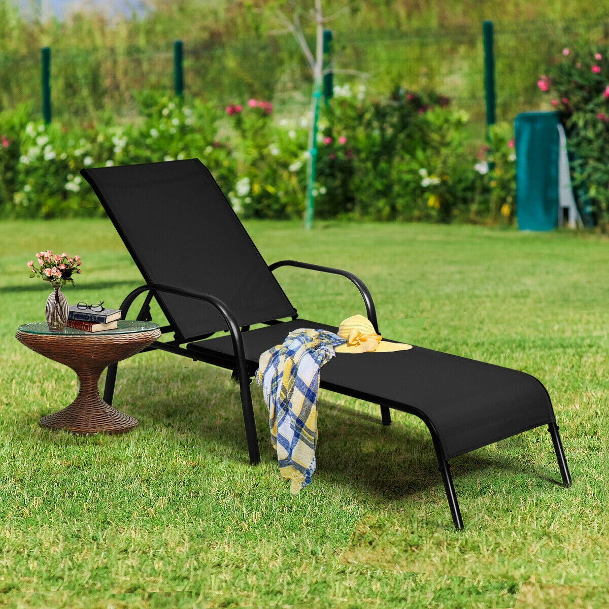 2 Pieces Outdoor Patio Lounge Chair Chaise Fabric with Adjustable Reclining Armrest, Black Outdoor Chaise Lounges at Gallery Canada