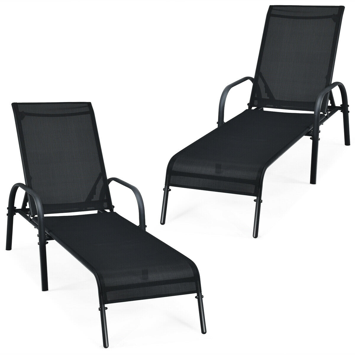 2 Pieces Outdoor Patio Lounge Chair Chaise Fabric with Adjustable Reclining Armrest, Black Outdoor Chaise Lounges at Gallery Canada