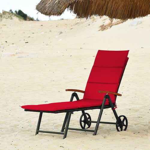 Outdoor Chaise Lounge Chair Rattan Lounger Recliner Chair, Red