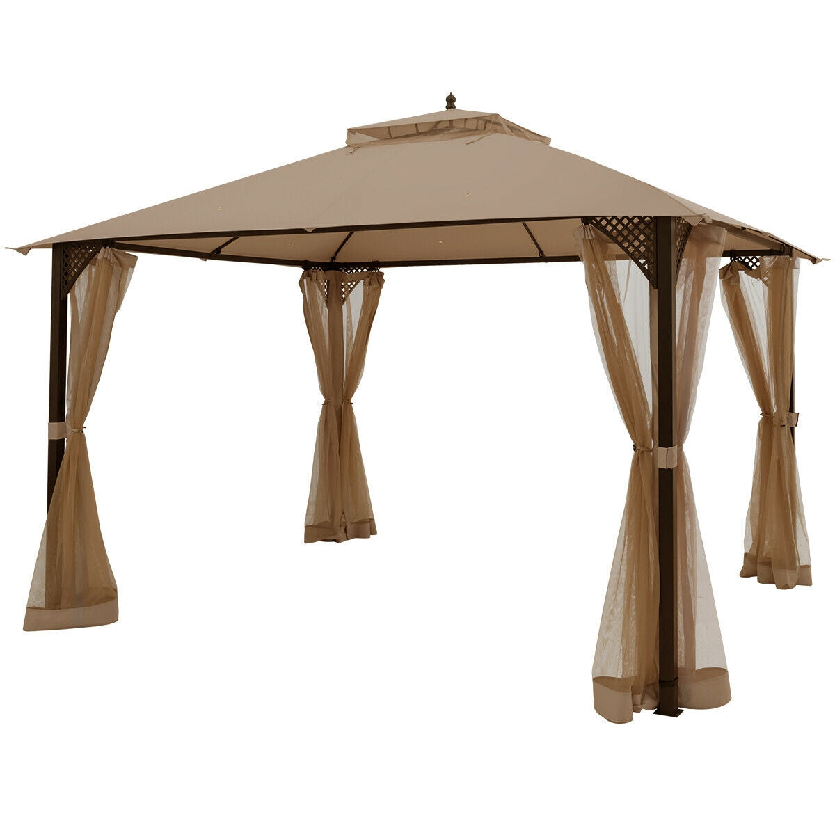 12 x 10 Feet Outdoor Double Top Patio Gazebo with Netting, Brown Gazebos Brown at Gallery Canada