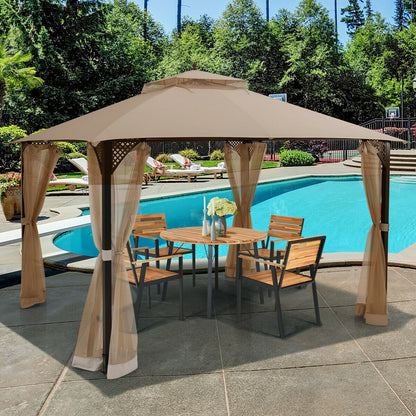 12 x 10 Feet Outdoor Double Top Patio Gazebo with Netting, Brown Gazebos at Gallery Canada