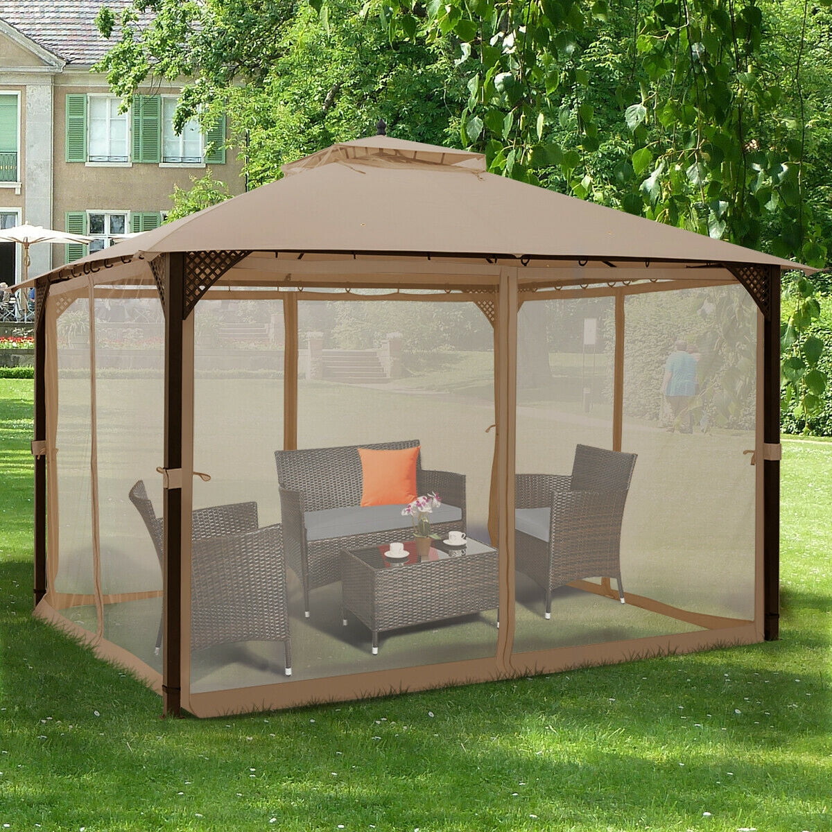 12 x 10 Feet Outdoor Double Top Patio Gazebo with Netting, Brown Gazebos at Gallery Canada