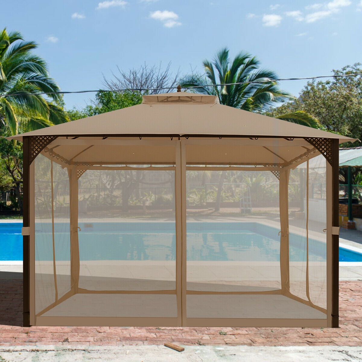 12 x 10 Feet Outdoor Double Top Patio Gazebo with Netting, Brown Gazebos at Gallery Canada