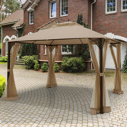 12 x 10 Feet Outdoor Double Top Patio Gazebo with Netting, Brown Gazebos at Gallery Canada