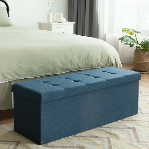 Large Fabric Folding Storage Chest with Smart lift Divider Bed End Ottoman Bench, Navy