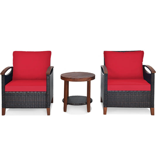 3 Pcs Solid Wood Frame Patio Rattan Furniture Set, Red Patio Conversation Sets Red at Gallery Canada
