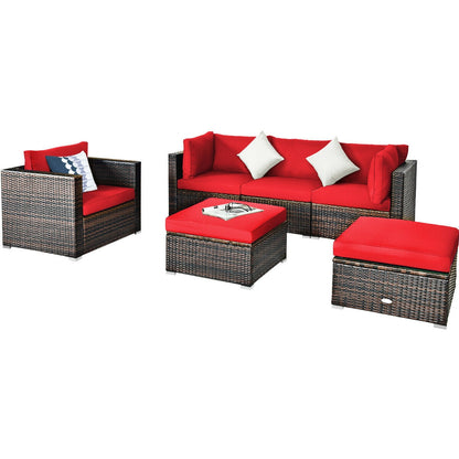 6 Piece Patio Rattan Furniture Set, Sectional Cushion, Red Outdoor Sectionals Red at Gallery Canada