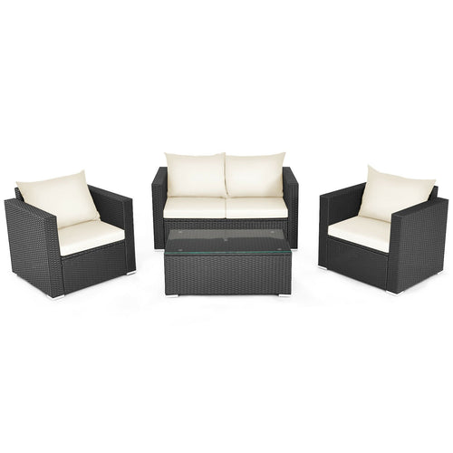4 Pieces Patio Rattan Cushioned Furniture Set, White