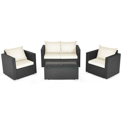4 Piece Patio Rattan Cushioned Furniture Set, White