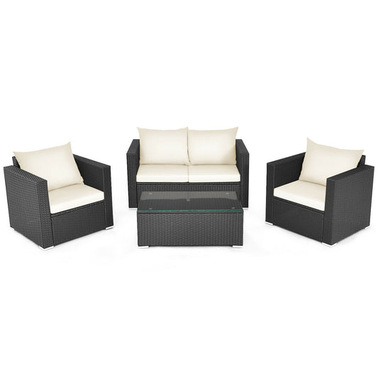4 Piece Patio Rattan Cushioned Furniture Set, White