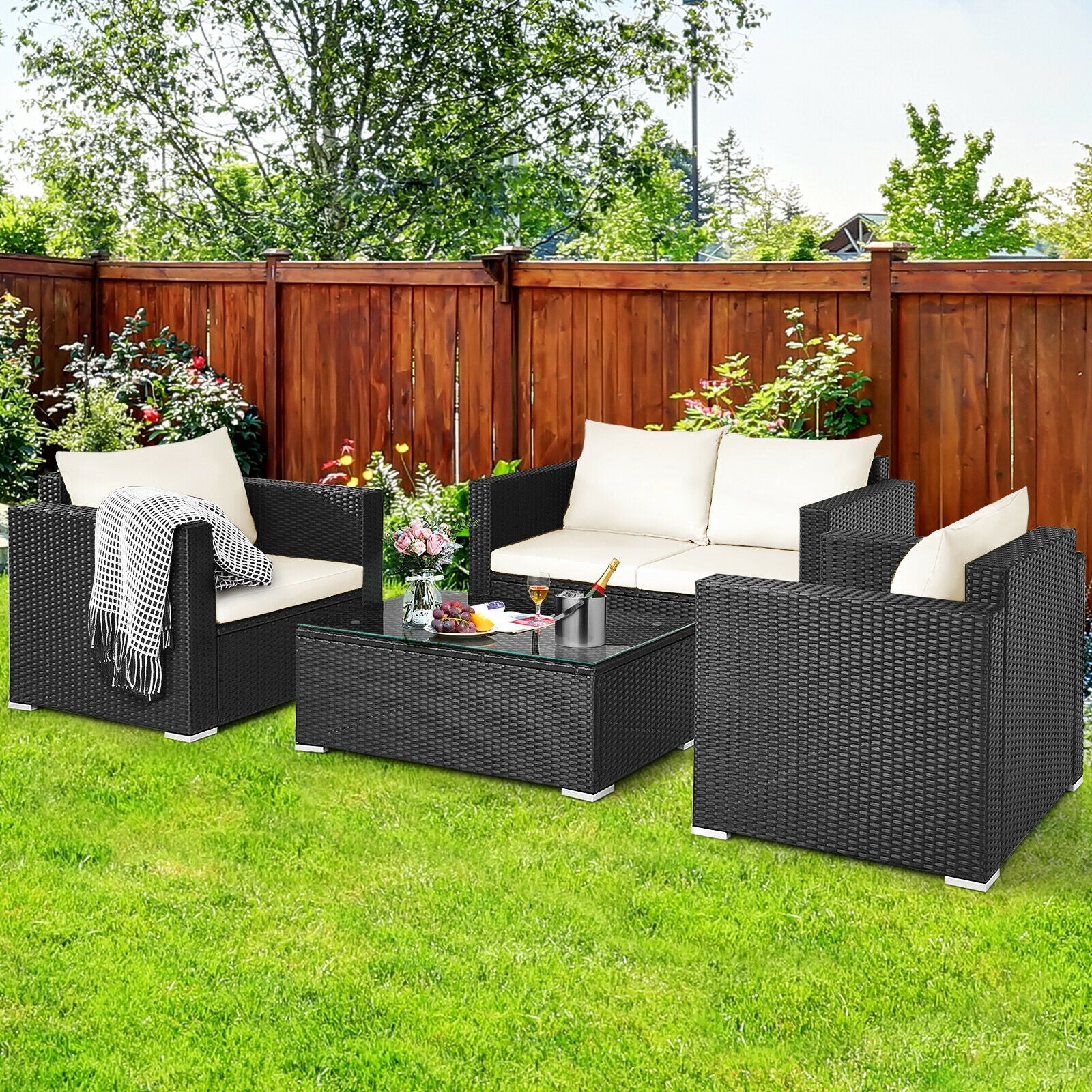 4 Pieces Patio Rattan Cushioned Furniture Set, White Patio Conversation Sets at Gallery Canada