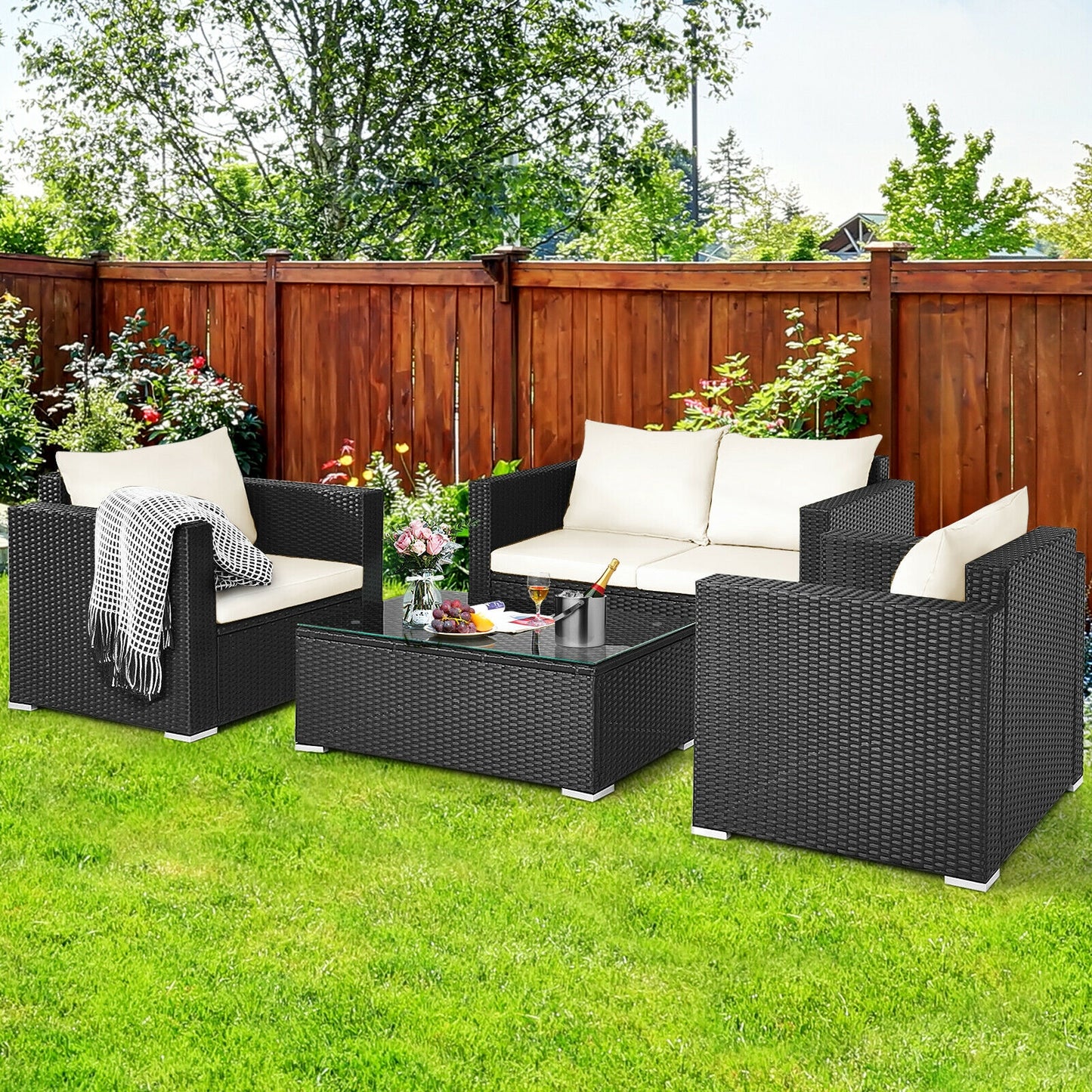4 Pieces Patio Rattan Cushioned Furniture Set, White Patio Conversation Sets at Gallery Canada
