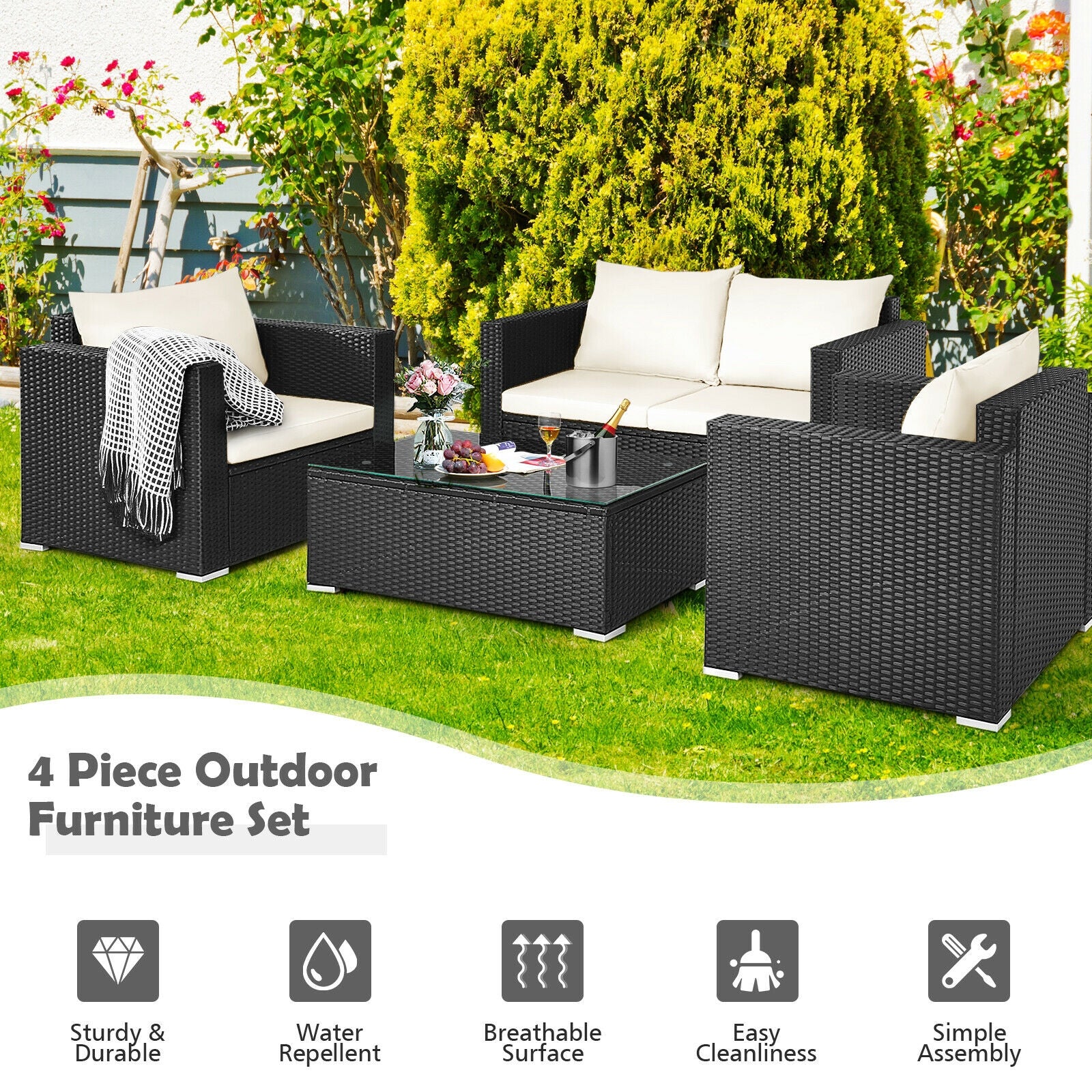 4 Pieces Patio Rattan Cushioned Furniture Set, White Patio Conversation Sets at Gallery Canada