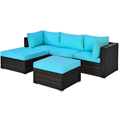 5 Pieces Patio Rattan Sectional Conversation Ottoman Furniture Set, Blue