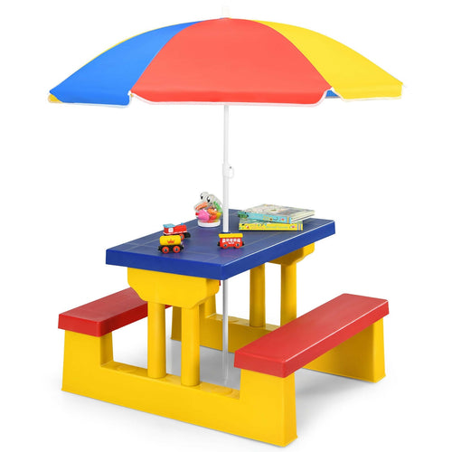 Kids Picnic Table And Bench Set, With Umbrella, Yellow