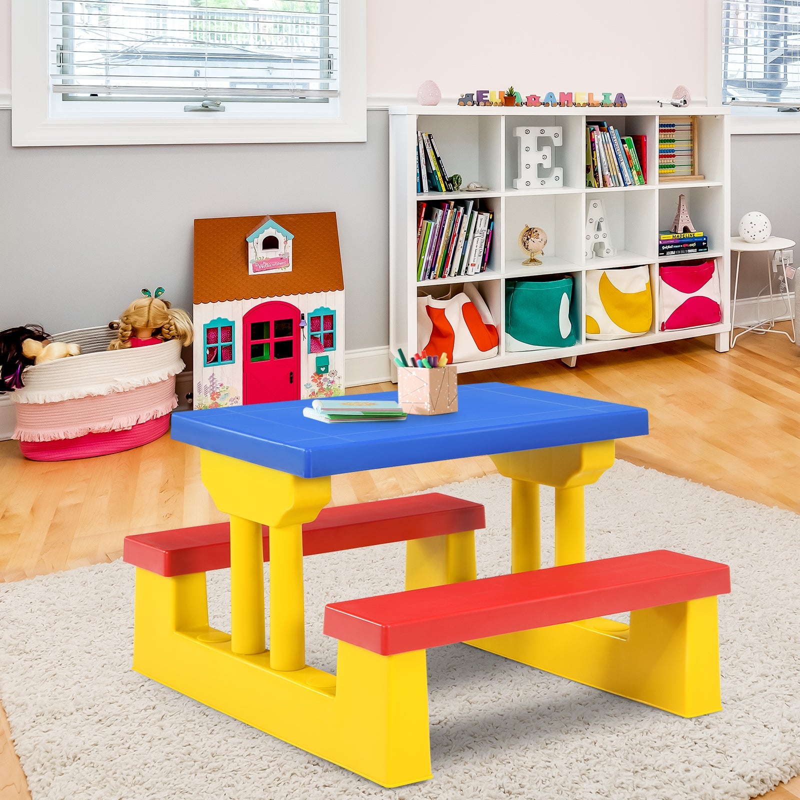 Kids Picnic Folding Table and Bench Set with Umbrella, Yellow Kids Table & Chair Sets at Gallery Canada