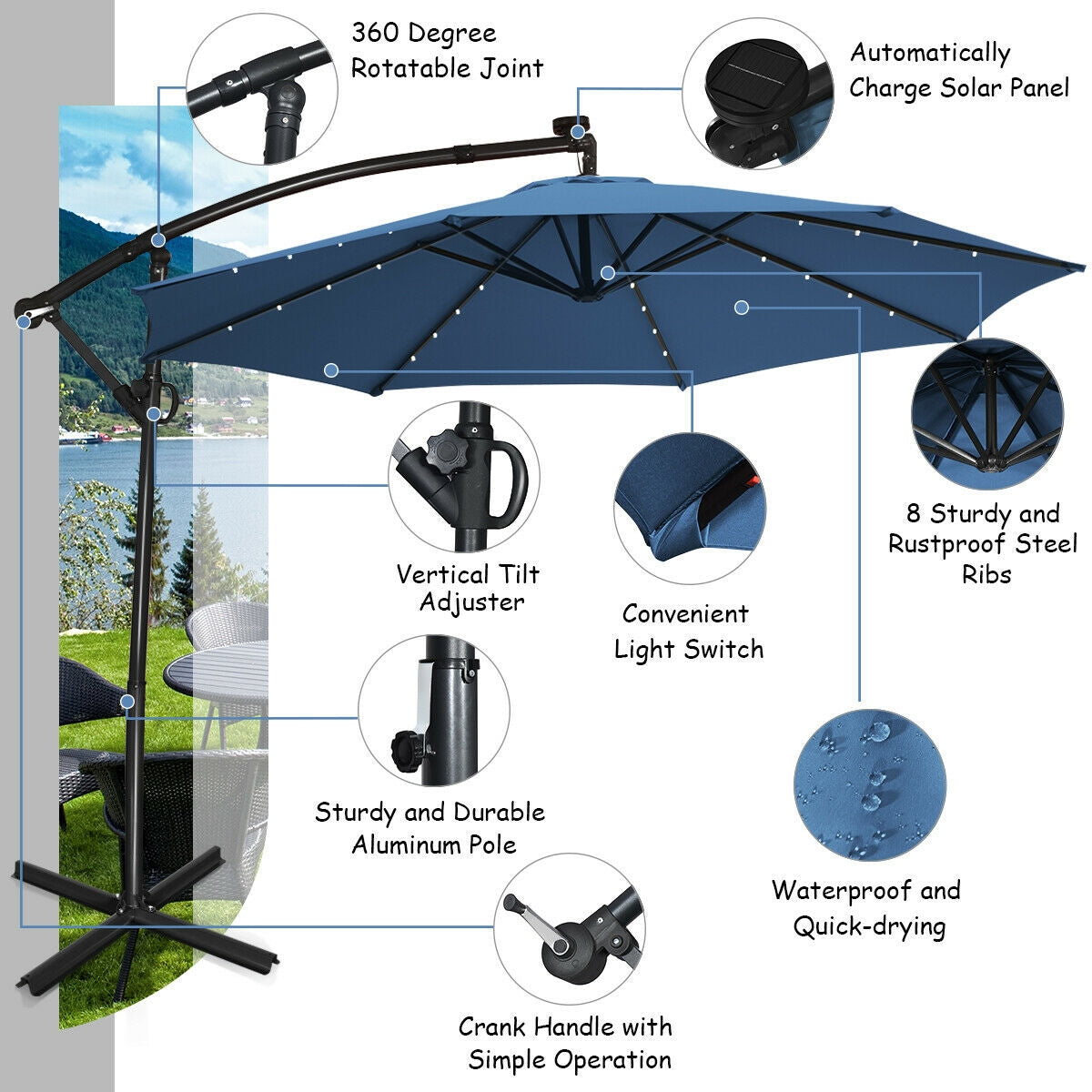 10 ft 360° Rotation Solar Powered LED Patio Offset Umbrella without Weight Base, Blue Outdoor Umbrellas at Gallery Canada