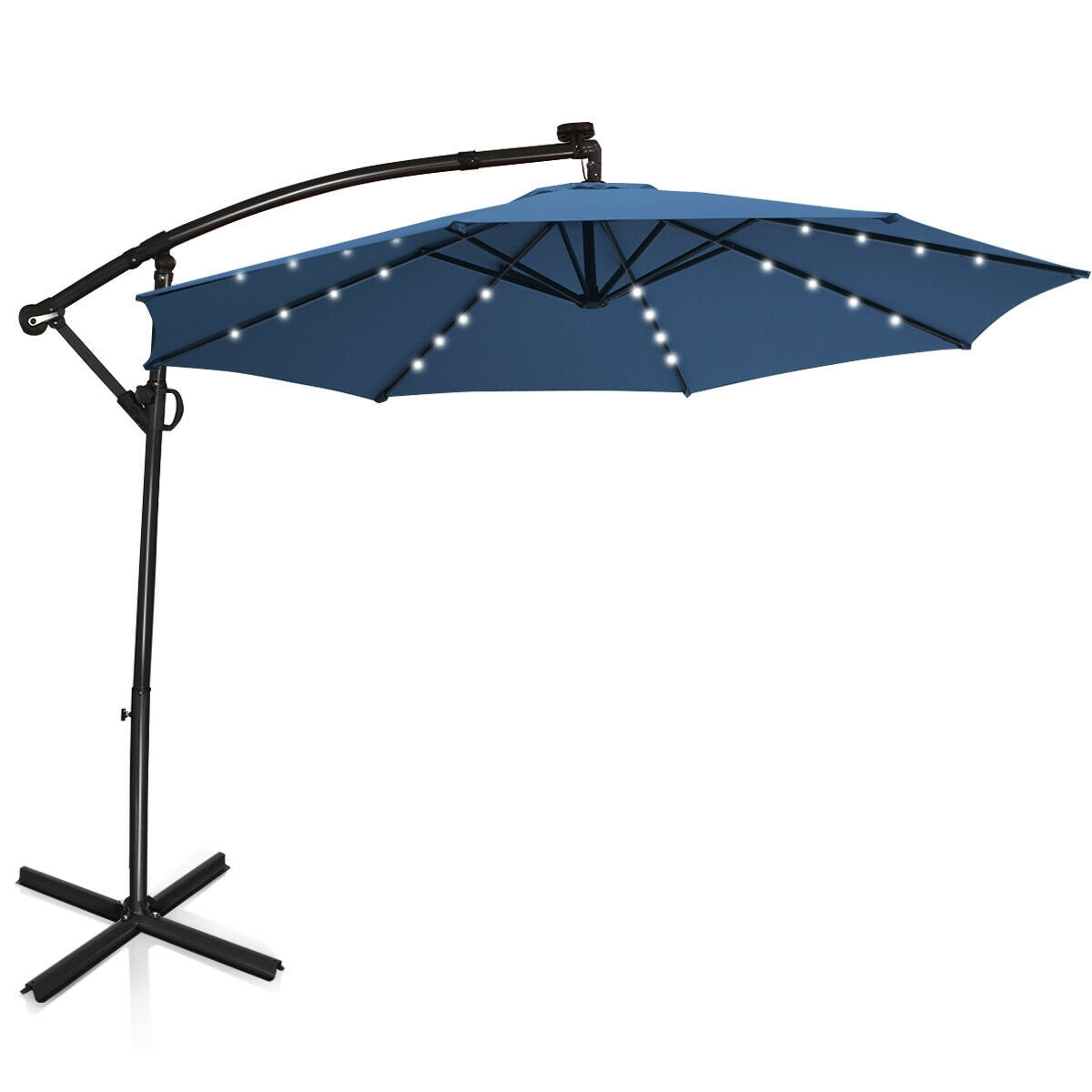 10 ft 360° Rotation Solar Powered LED Patio Offset Umbrella without Weight Base, Blue Outdoor Umbrellas Blue at Gallery Canada