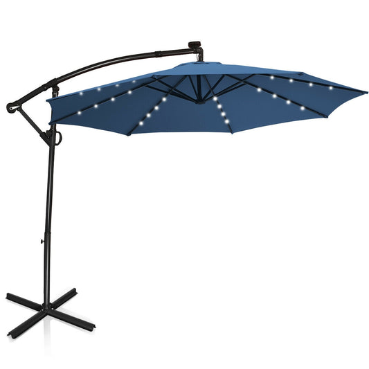 10 ft 360° Rotation Solar Powered LED Patio Offset Umbrella without Weight Base, Blue Outdoor Umbrellas Blue at Gallery Canada