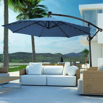 10 ft 360° Rotation Solar Powered LED Patio Offset Umbrella without Weight Base, Blue Outdoor Umbrellas at Gallery Canada