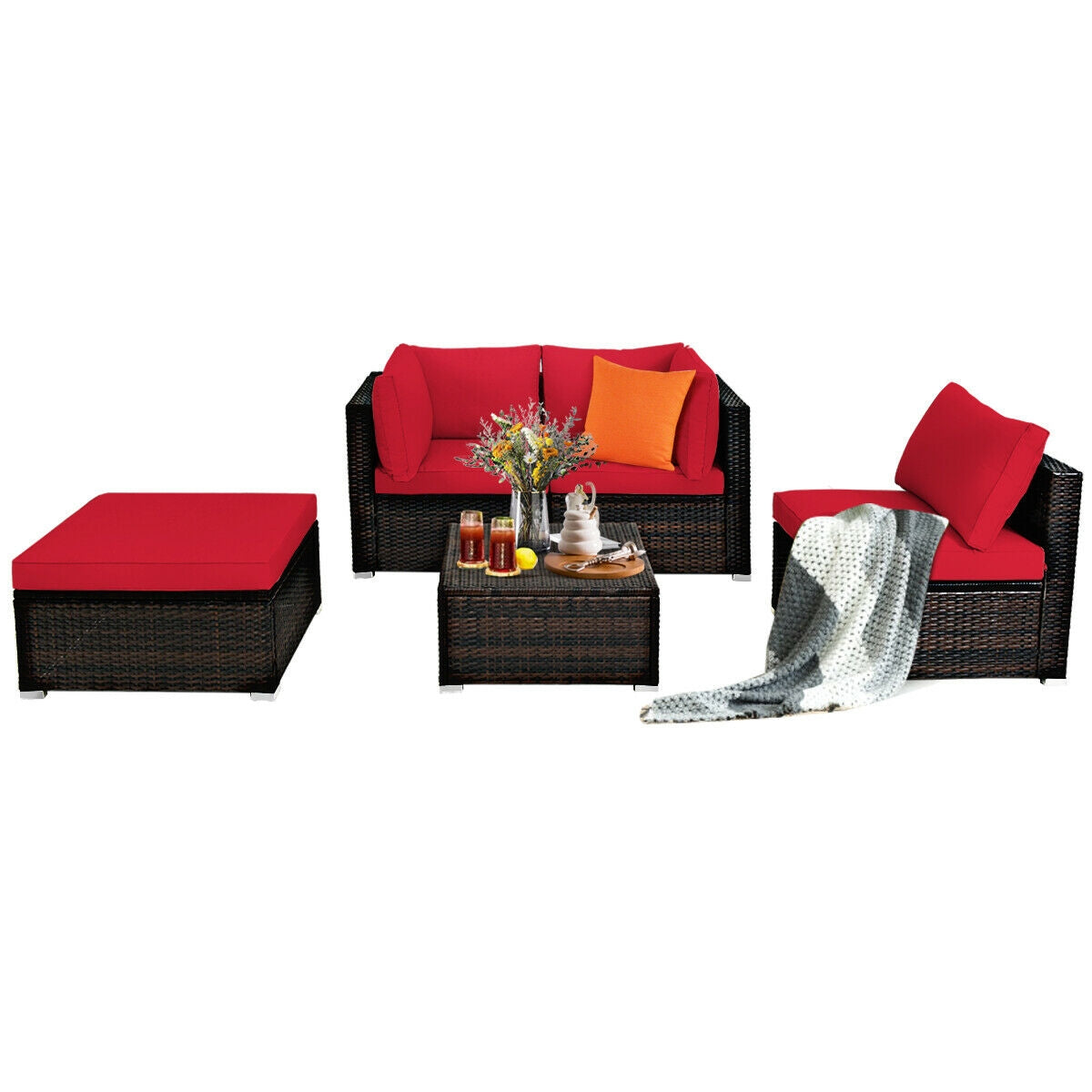 5 Pieces Patio Rattan Sofa Set with Cushion and Ottoman, Red Outdoor Sectionals at Gallery Canada