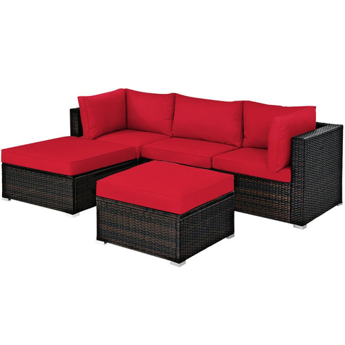 5 Pieces Patio Rattan Sofa Set with Cushion and Ottoman, Red