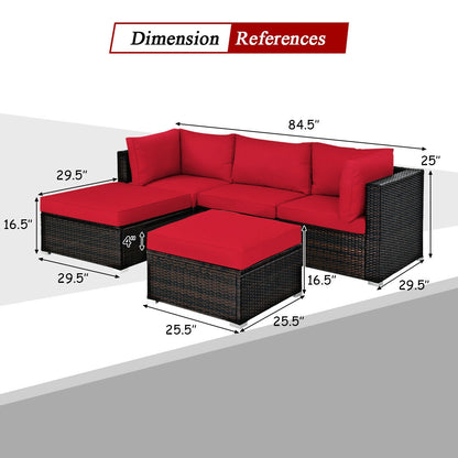 5 Pieces Patio Rattan Sofa Set with Cushion and Ottoman, Red Outdoor Sectionals at Gallery Canada