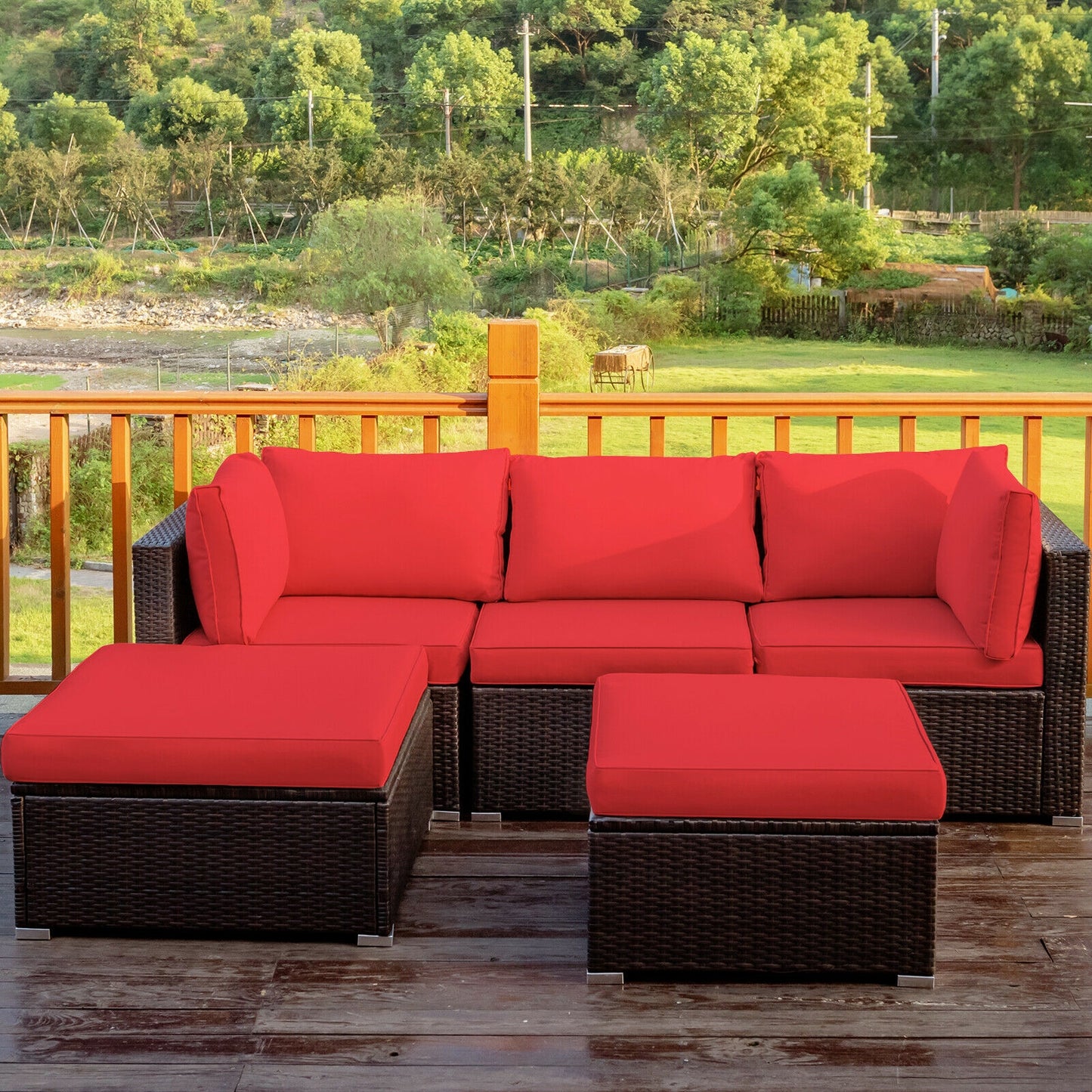 5 Pieces Patio Rattan Sofa Set with Cushion and Ottoman, Red Outdoor Sectionals at Gallery Canada