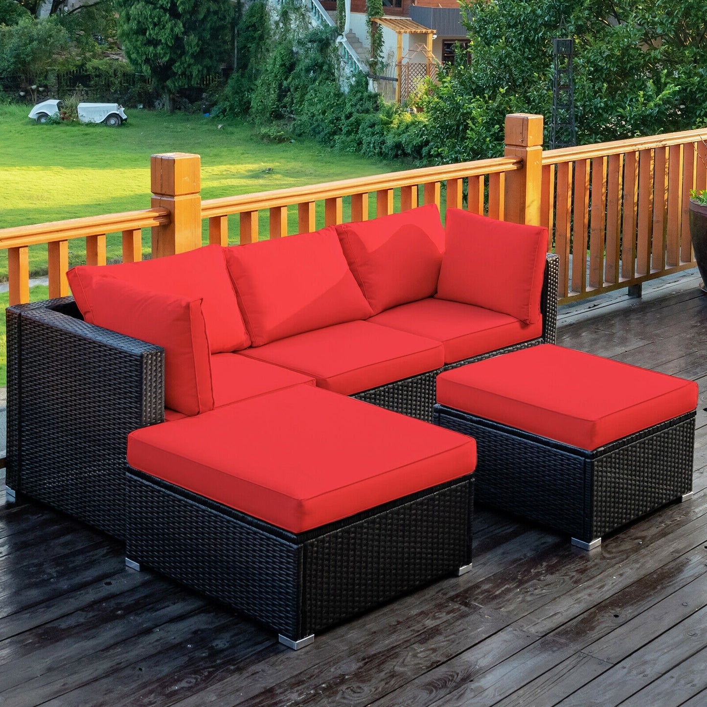 5 Pieces Patio Rattan Sofa Set with Cushion and Ottoman, Red Outdoor Sectionals at Gallery Canada