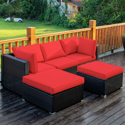 5 Pieces Patio Rattan Sofa Set with Cushion and Ottoman, Red Outdoor Sectionals at Gallery Canada