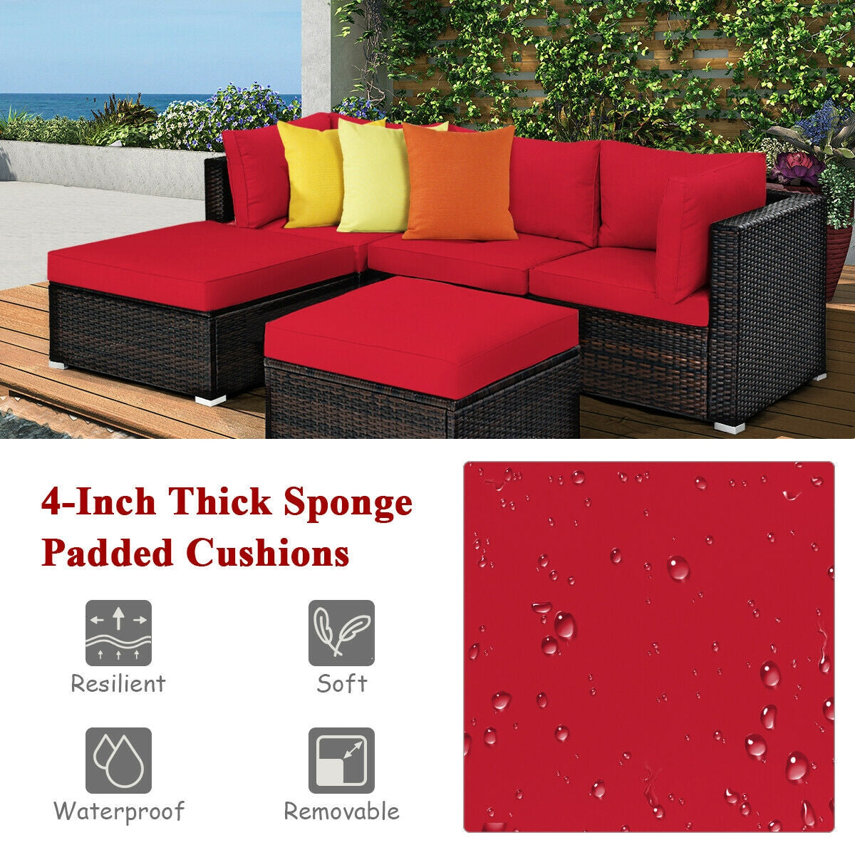 5 Pieces Patio Rattan Sofa Set with Cushion and Ottoman, Red Outdoor Sectionals at Gallery Canada