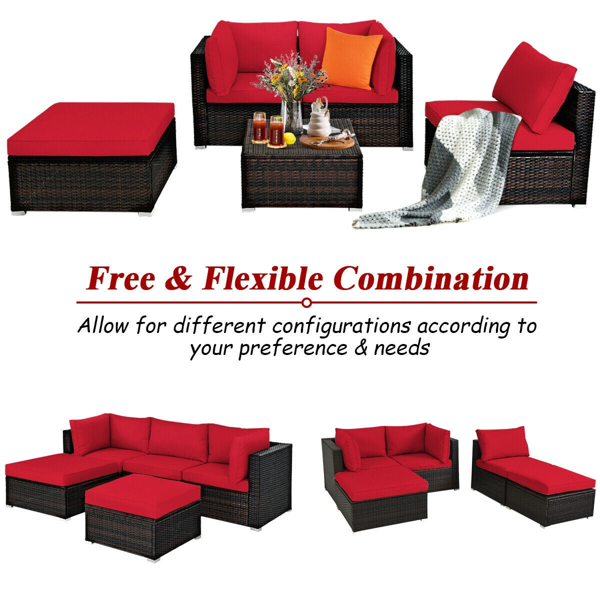 5 Pieces Patio Rattan Sofa Set with Cushion and Ottoman, Red Outdoor Sectionals at Gallery Canada