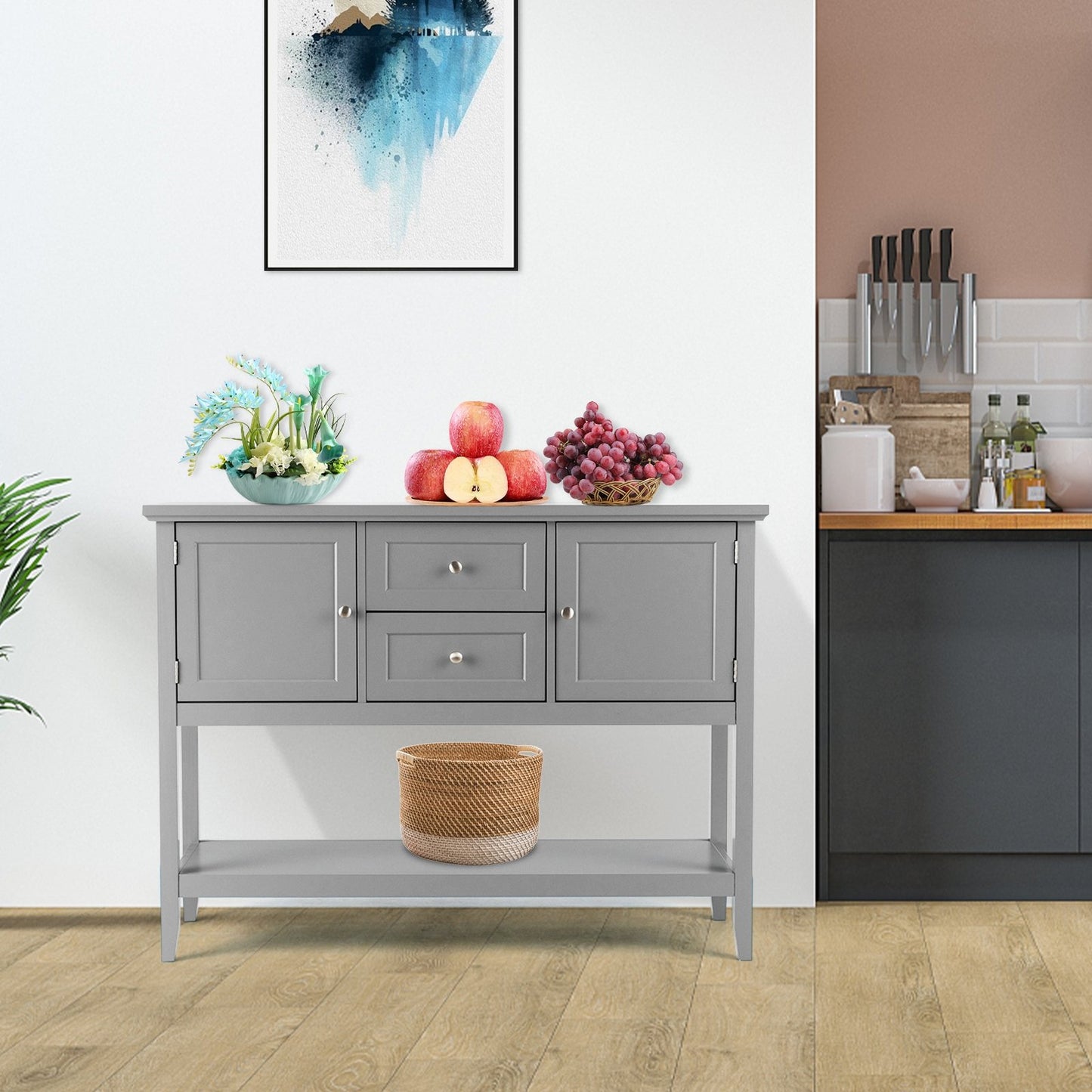 Wooden Sideboard Buffet Console Table  with Drawers and Storage, Gray - Gallery Canada