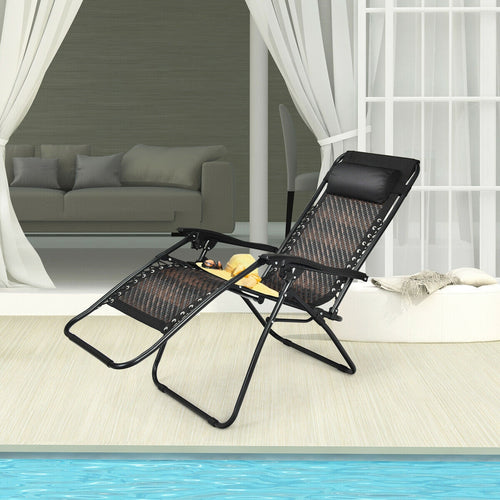Folding Rattan Zero Gravity Lounge Chair with Removable Head Pillow, Brown