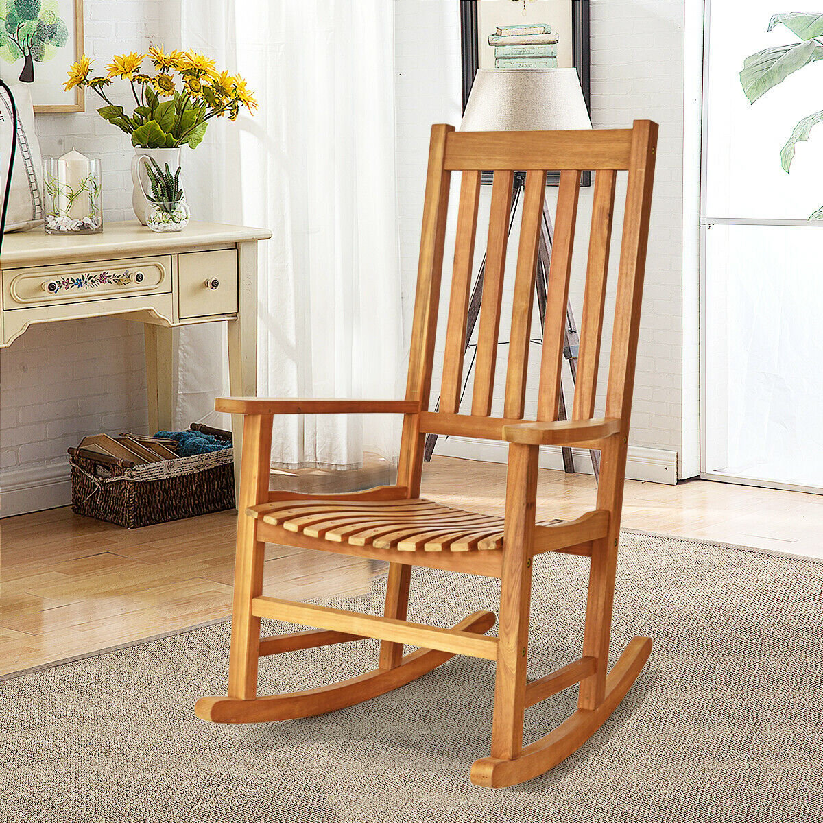 Indoor Outdoor Wooden High Back Rocking Chair, Natural - Gallery Canada