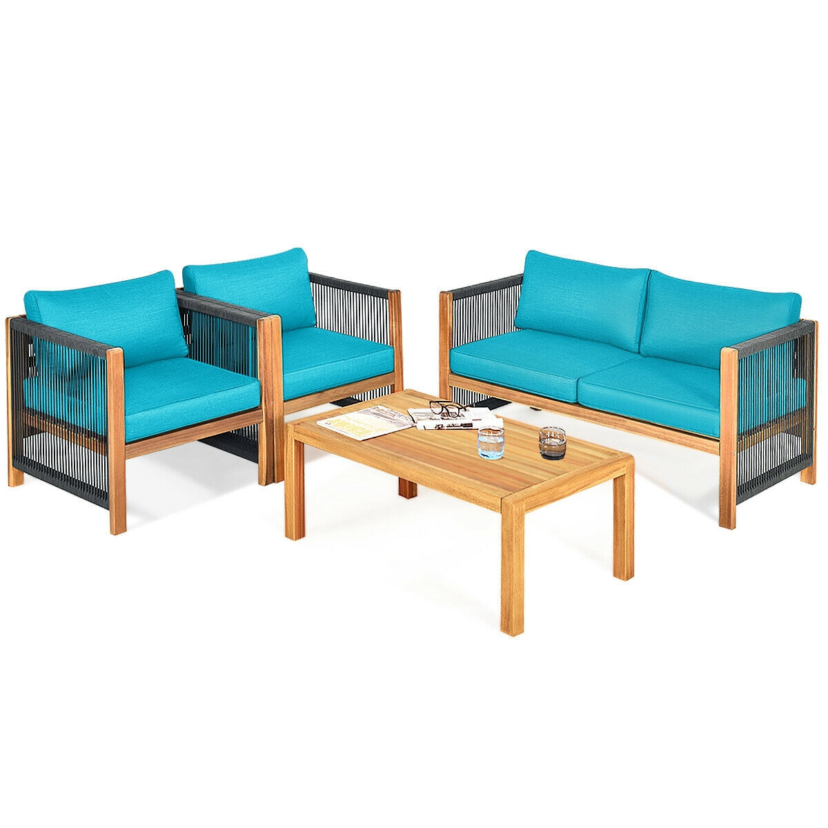 4 Pcs Acacia Wood Outdoor Patio Furniture Set with Cushions, Turquoise Patio Conversation Sets at Gallery Canada