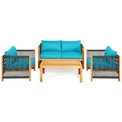 4 Pcs Acacia Wood Outdoor Patio Furniture Set with Cushions, Turquoise Patio Conversation Sets at Gallery Canada