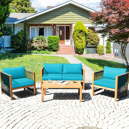 4 Pcs Acacia Wood Outdoor Patio Furniture Set with Cushions, Turquoise Patio Conversation Sets at Gallery Canada