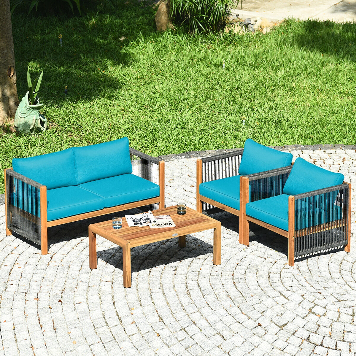 4 Pcs Acacia Wood Outdoor Patio Furniture Set with Cushions, Turquoise Patio Conversation Sets at Gallery Canada