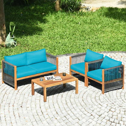 4 Pcs Acacia Wood Outdoor Patio Furniture Set with Cushions, Turquoise Patio Conversation Sets at Gallery Canada