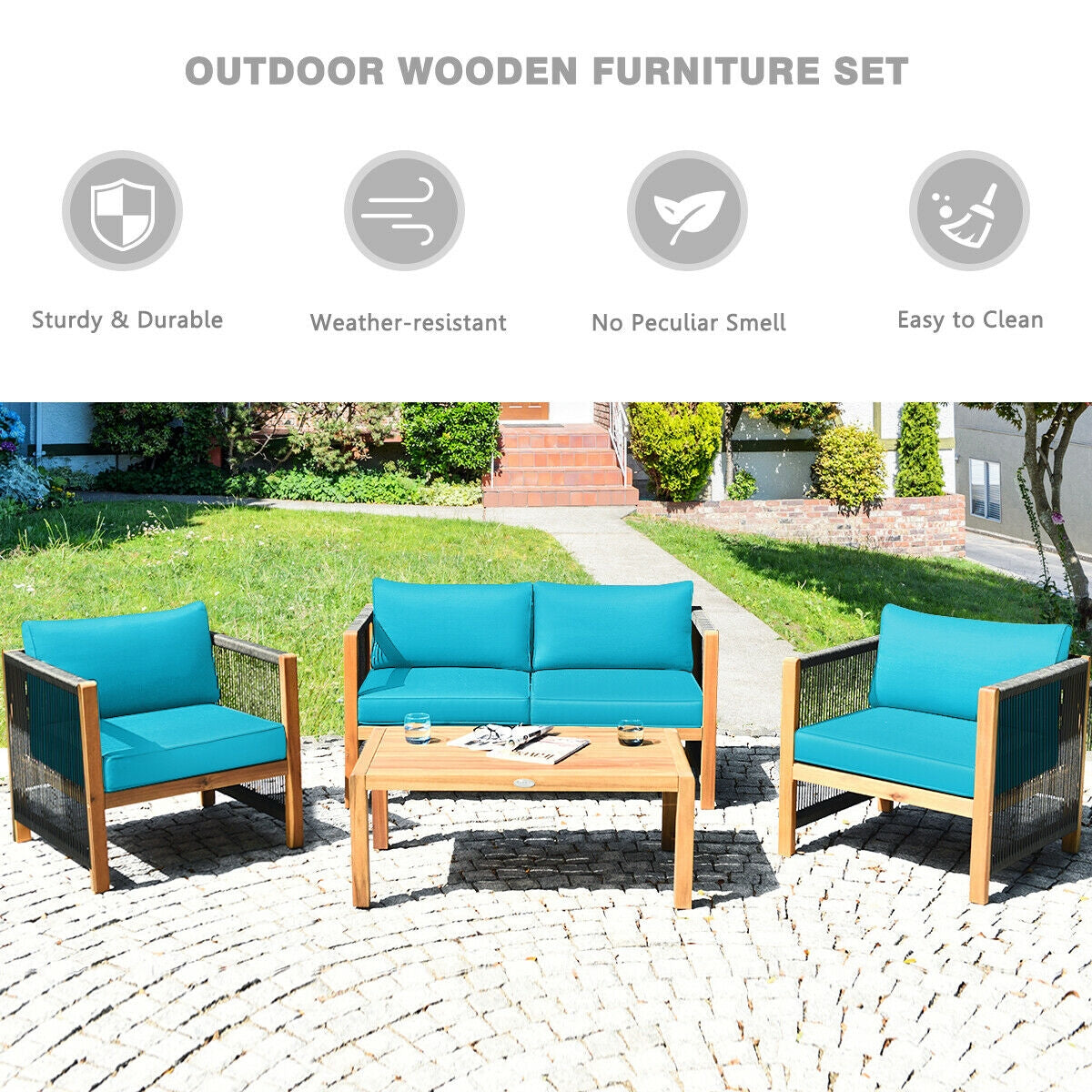 4 Pcs Acacia Wood Outdoor Patio Furniture Set with Cushions, Turquoise Patio Conversation Sets at Gallery Canada