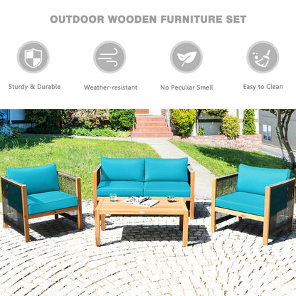 4 Pcs Acacia Wood Outdoor Patio Furniture Set with Cushions, Turquoise Patio Conversation Sets at Gallery Canada