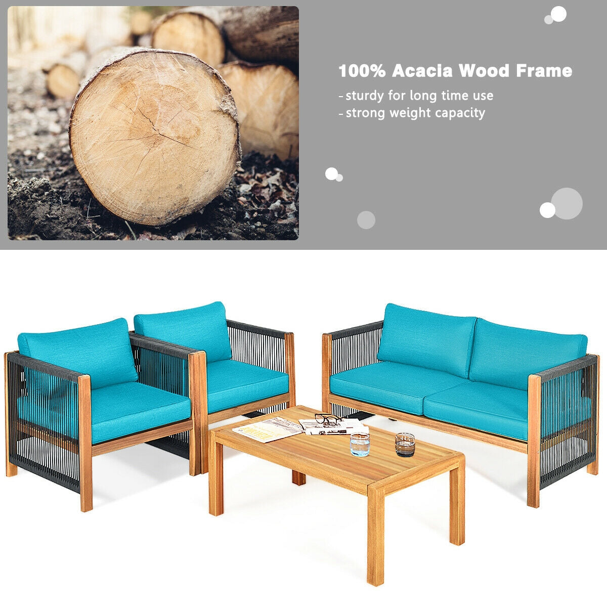 4 Pcs Acacia Wood Outdoor Patio Furniture Set with Cushions, Turquoise Patio Conversation Sets at Gallery Canada
