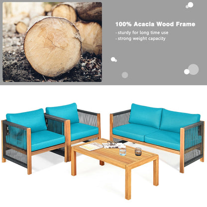 4 Pcs Acacia Wood Outdoor Patio Furniture Set with Cushions, Turquoise Patio Conversation Sets at Gallery Canada