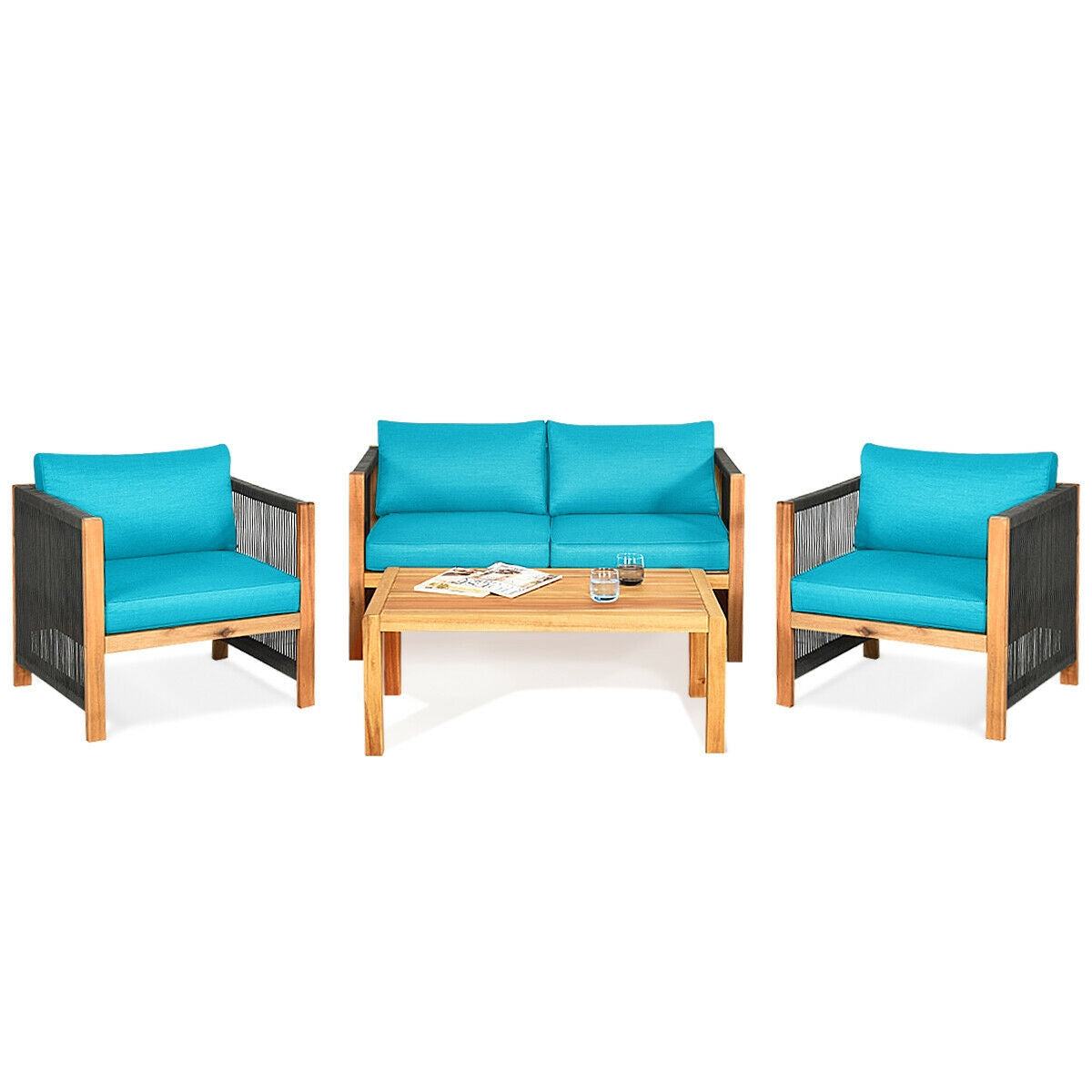 4 Pcs Acacia Wood Outdoor Patio Furniture Set with Cushions, Turquoise Patio Conversation Sets at Gallery Canada