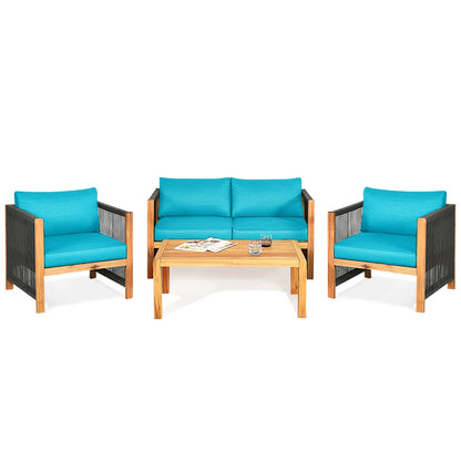 4 Pcs Acacia Wood Outdoor Patio Furniture Set with Cushions, Turquoise Patio Conversation Sets at Gallery Canada