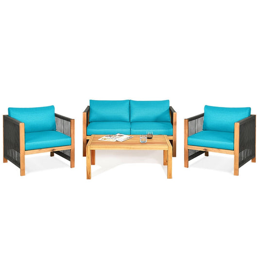 4 Pcs Acacia Wood Patio Furniture Set, Turquoise Patio Conversation Sets Turquoise at Gallery Canada