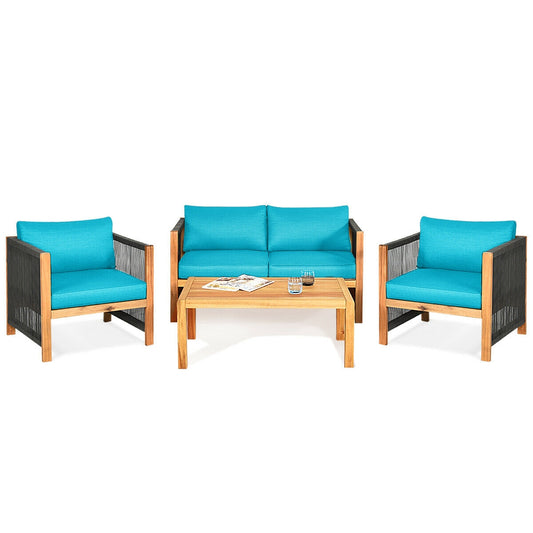 4 Pcs Acacia Wood Patio Furniture Set, Turquoise