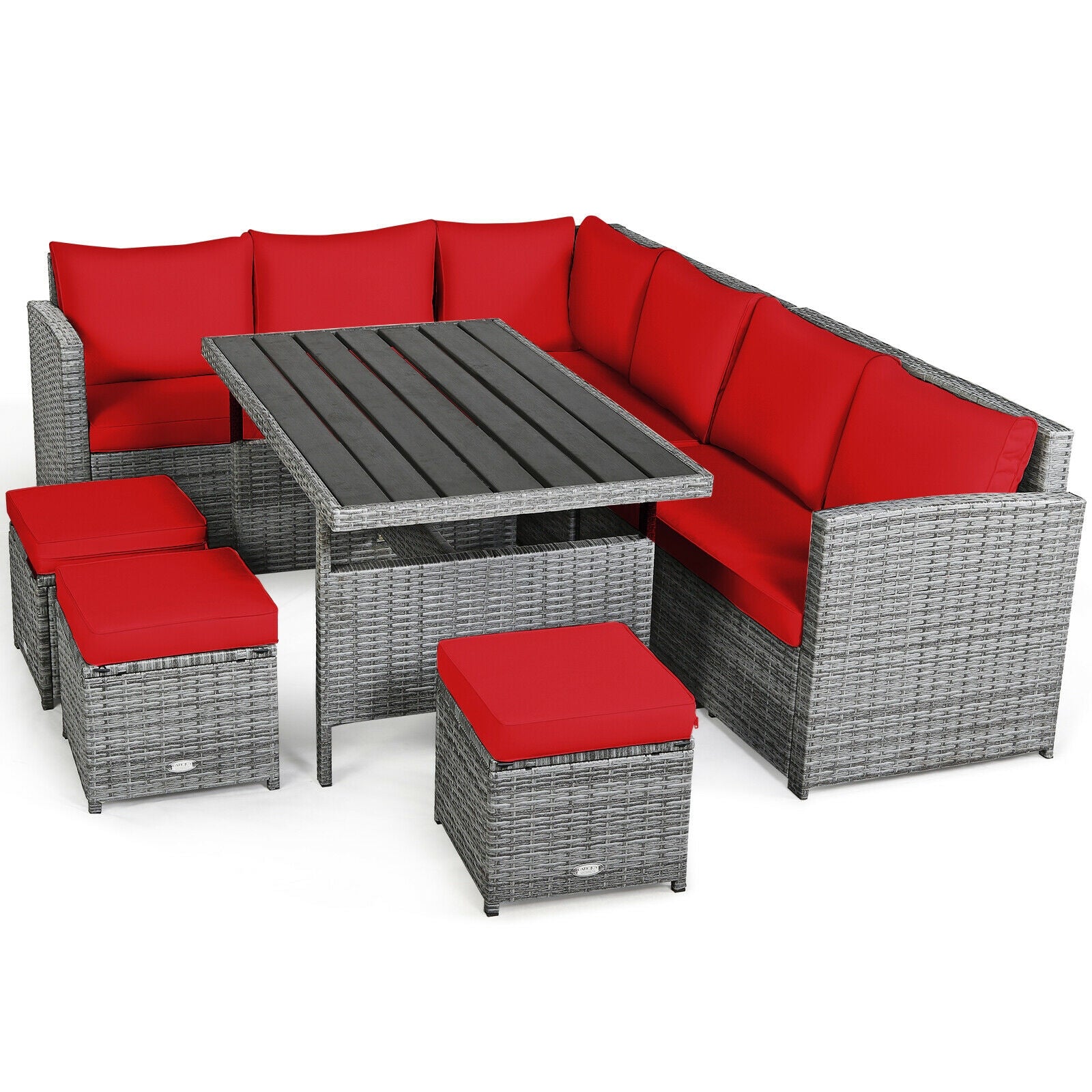 7 Pieces Patio Rattan Dining Furniture Sectional Sofa Set with Wicker Ottoman, Red Outdoor Sectionals at Gallery Canada